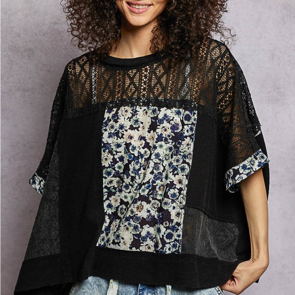 POL  Floral Patchwork Black Top